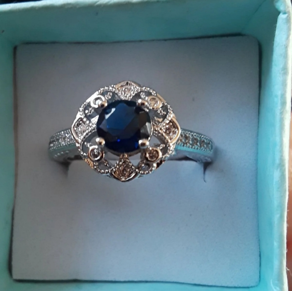 💜WEDDING/ ENGAGEMENT BLUE ROUND CUT RING SZ 9 - Picture 4 of 5